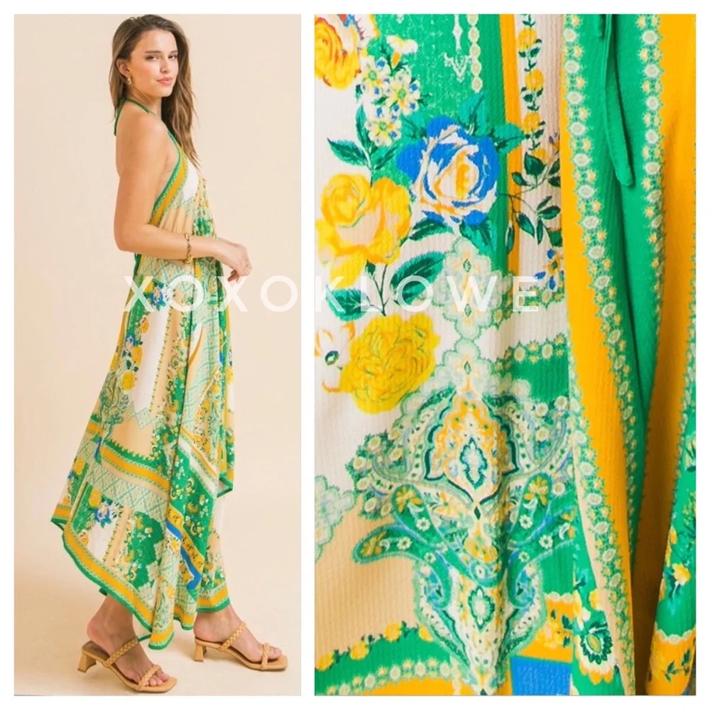 Boho Print Hanky Hem Halter Midi Dress - Picture 4 of 10